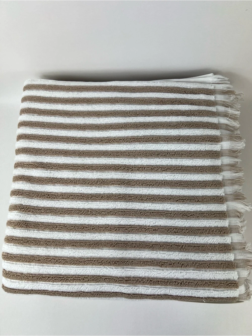 Rachel Zoe Bath Towel Set Tan White Striped with Fringe Soft Cotton 2 Pc NEW